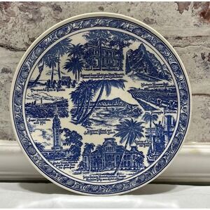 Vernon Kilns Honolulu Hawaii Souvenir Plate Blue Transferware Vintage 10.5 inch